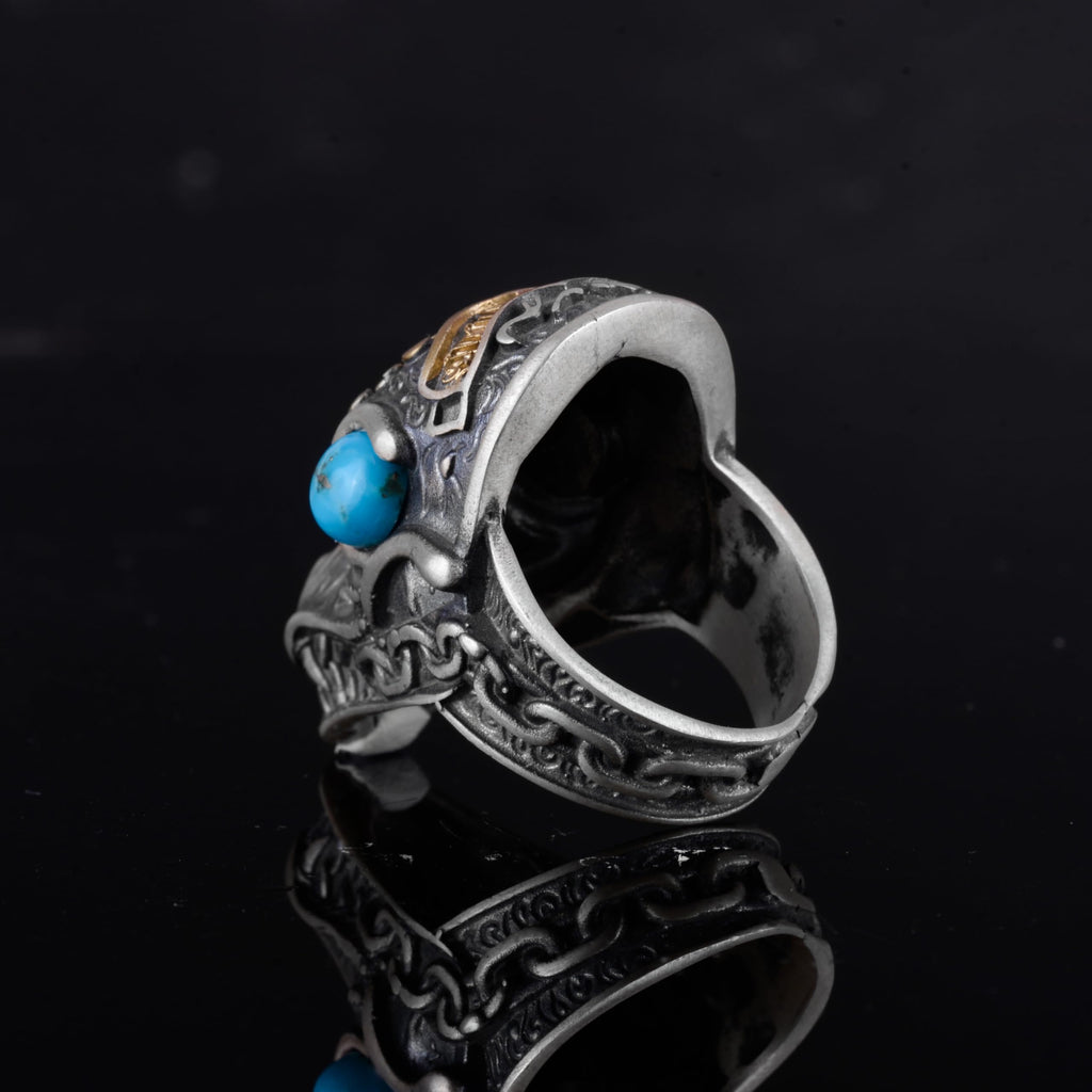 KAMBO 925 Sterling Silver Gold Plated Natural Stone Men's Dragon Ring – Large Statement Ring (Turquoise) — 6