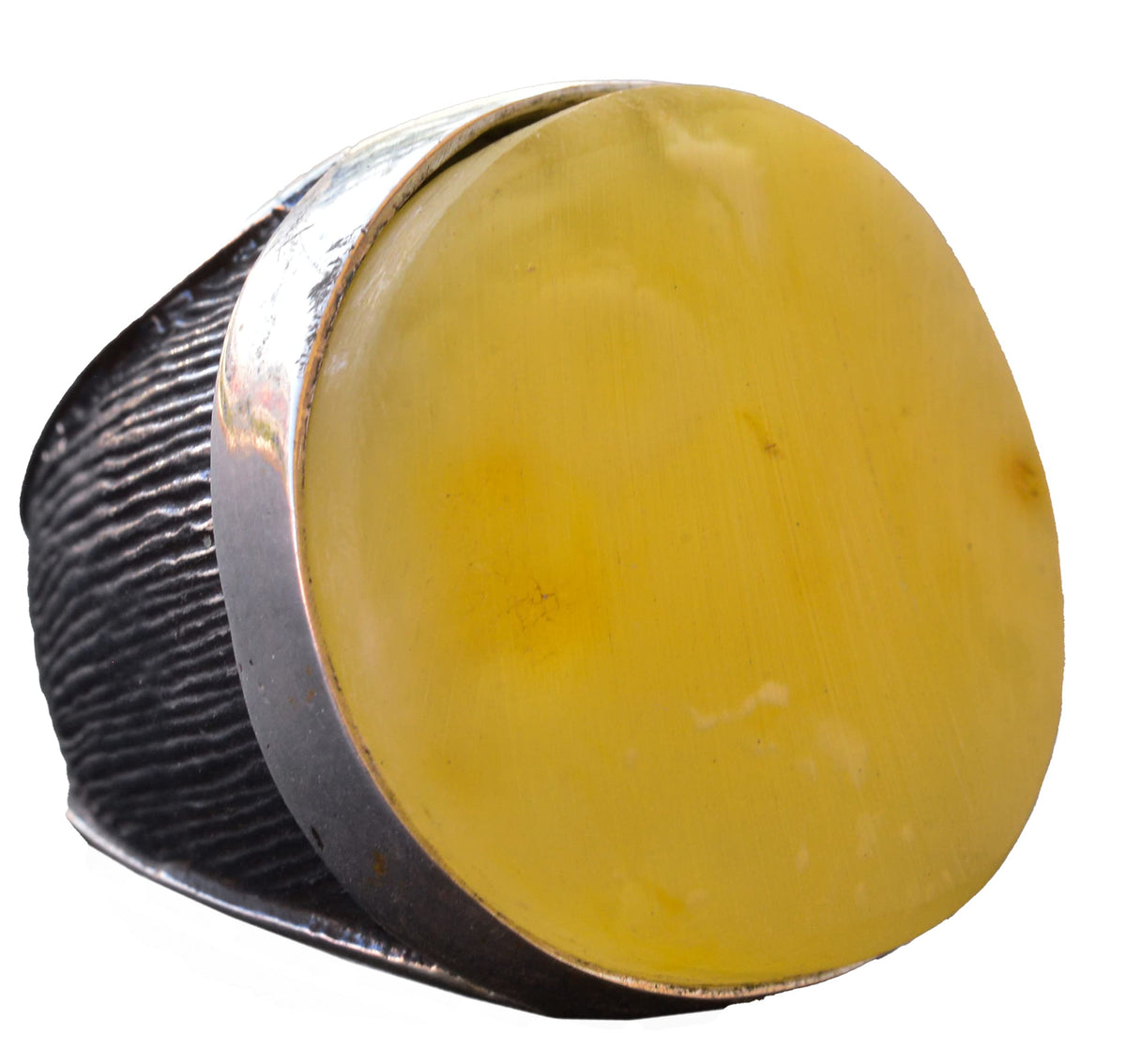 Natural Amber Large Round Stone Ring, 925 Sterling Silver Men's Ring