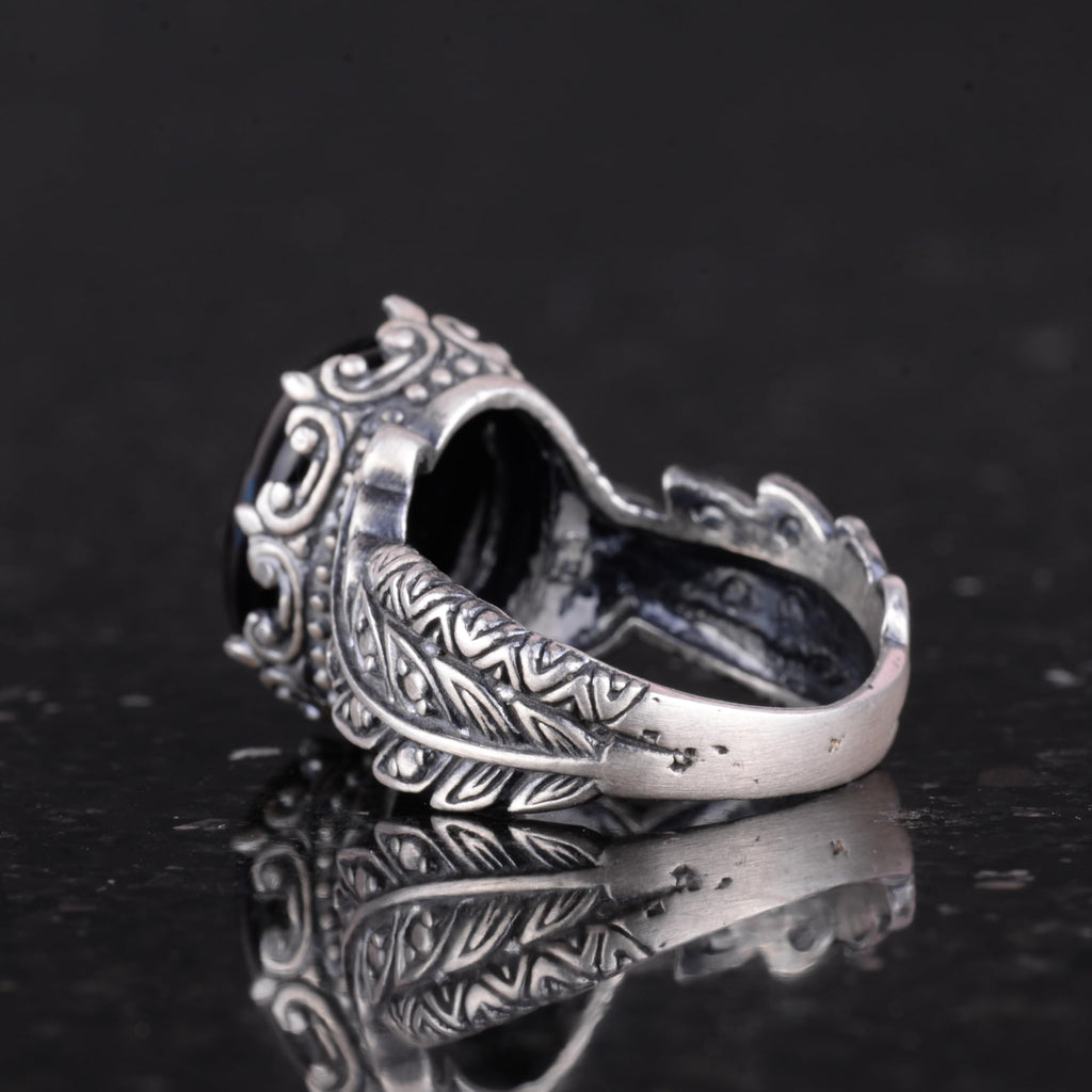 Vintage Bohemian Design Silver Women's Ring with Natural Onyx Stone — 6
