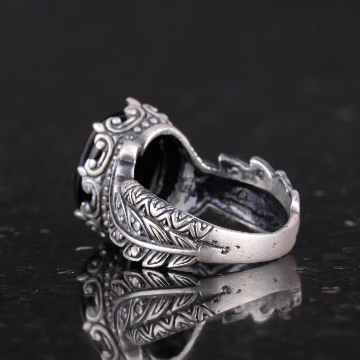 Vintage Bohemian Design Silver Women's Ring with Natural Onyx Stone — 6