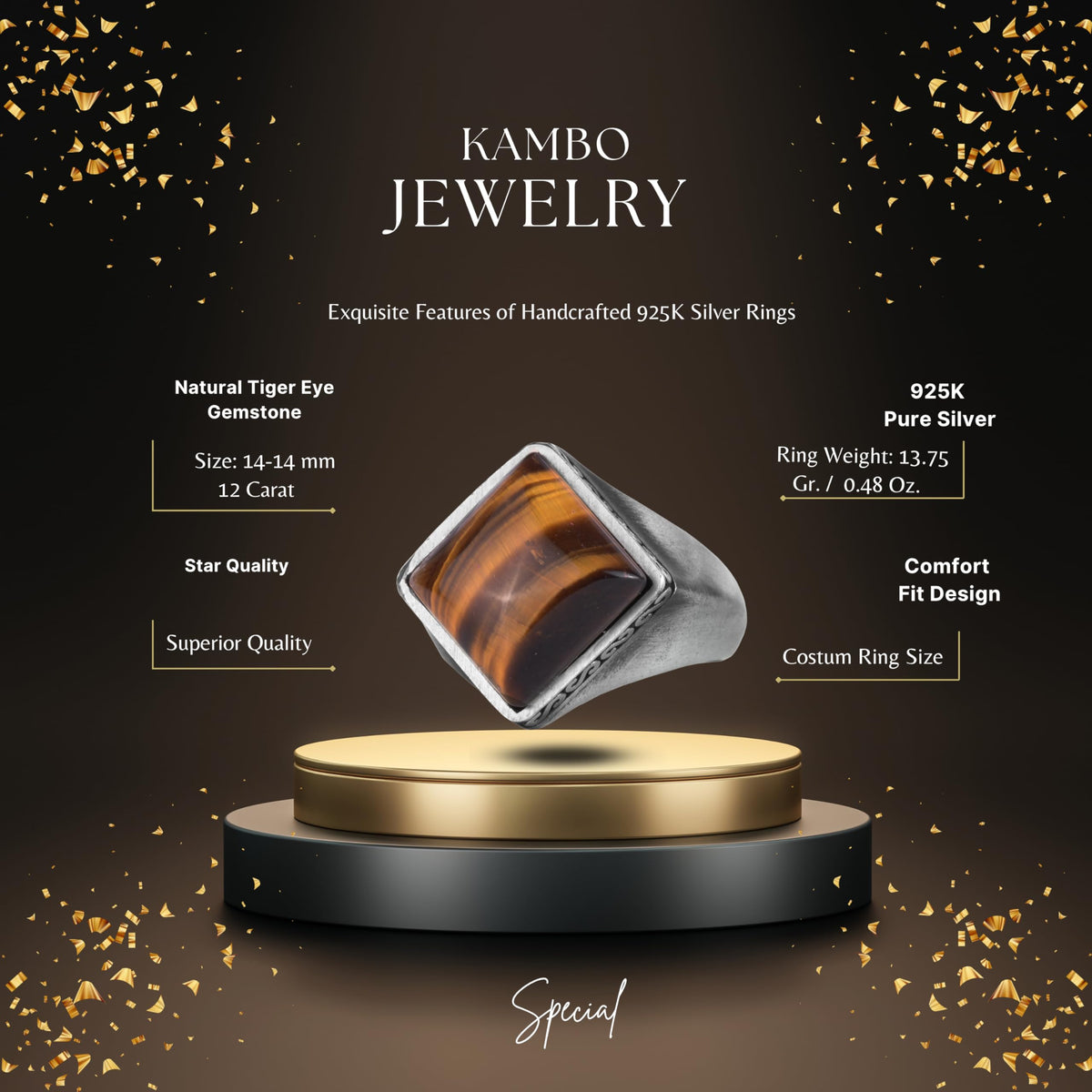 KAMBO Natural Stone Men's Ring 925 Sterling Silver – Square Cut Stone Handmade Minimalist Statement Ring (Tiger's Eye) — 2