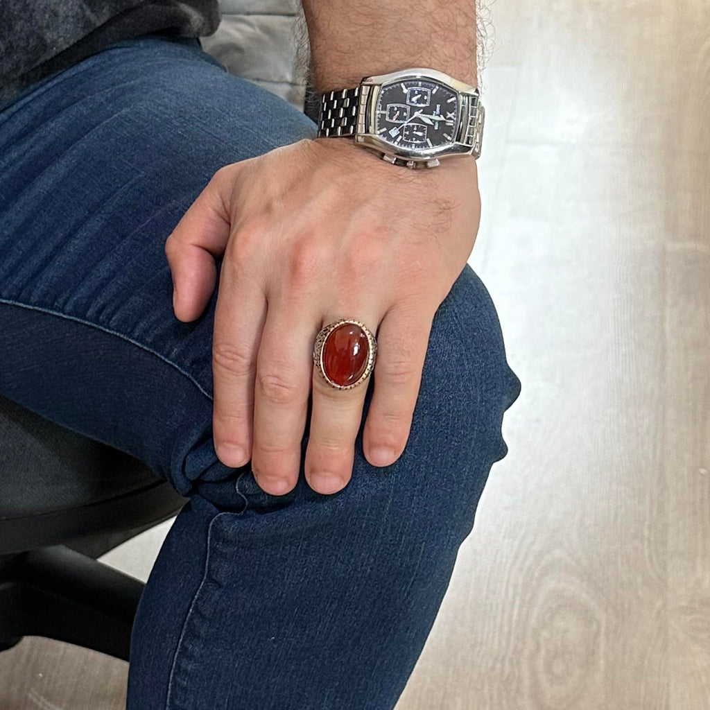 Handcrafted Natural Red Agate Stone Ring - 925 Sterling Silver — 3