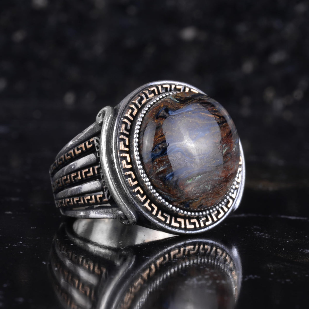 KAMBO Stone Round Men's Ring 925 Sterling Silver – Cabochon Handmade Vintage Greek Pattern Statement Ring (Pietersite) — 6