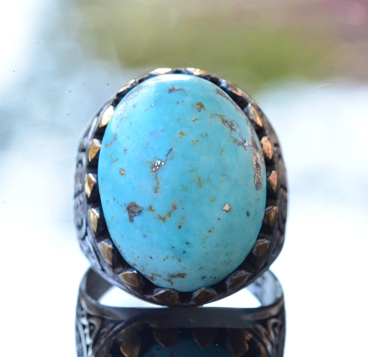 Natural Arizona Turquoise Stone Ring - Silver Men's Ring (Model-4) — 5