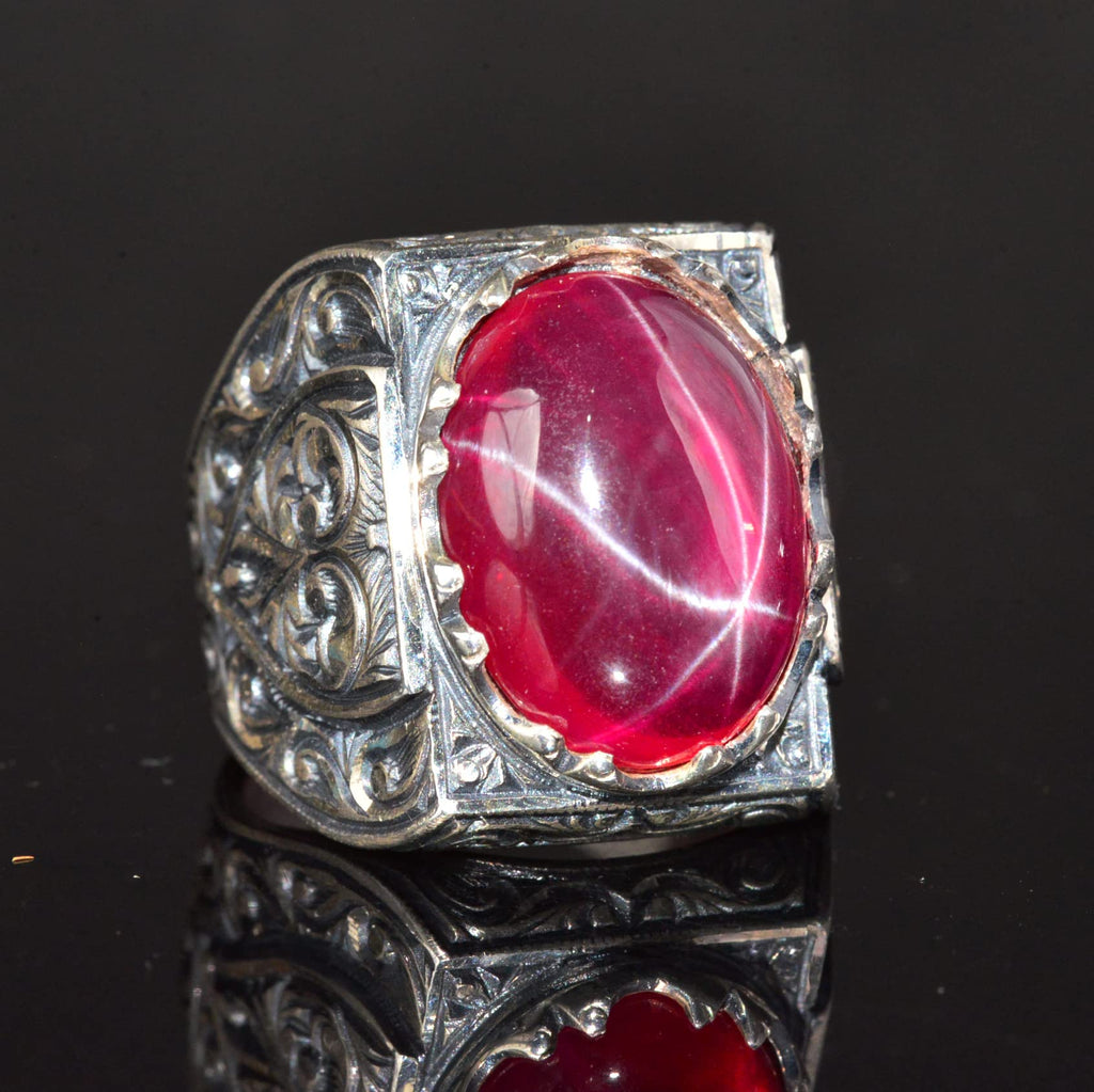 KAMBO Handmade Natural Star Ruby Men's Ring in 925 Sterling Silver with Intricate Six-Ray Star Engraved Design Vintage S
