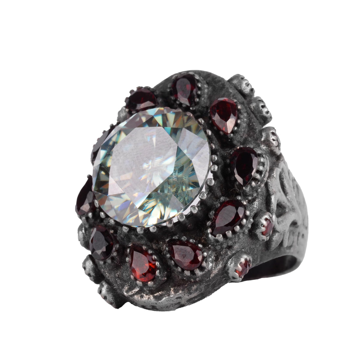 KAMBO Natural Moissanite Men's Large Ring – Garnet Pattern 925 Sterling Silver Statement Ring – Handmade Vintage Design