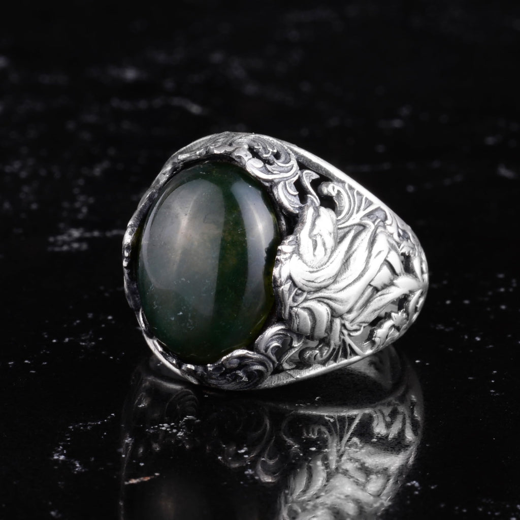 KAMBO Natural Stone Men's Ring 925 Sterling Silver - Large Flower Engraved Statement Ring - Handmade Vintage Ring for Men (Moss Agate) — 6