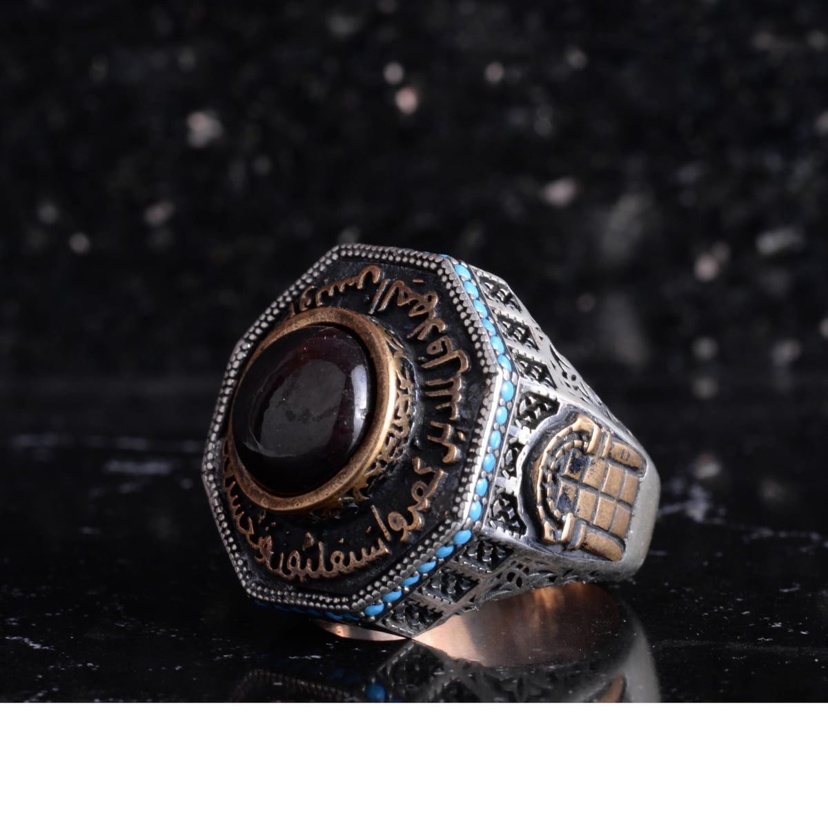 KAMBO Natural Garnet Stone Large Men's Ring 925 Sterling Silver – Bronze Detailed Islamic Calligraphy Statement Ring Handmade Jewelry — 5