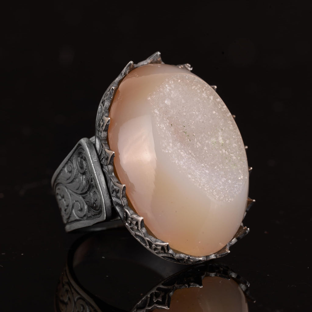 Kambo Men's Large 925 Sterling Silver Ring with Natural Druzy Quartz Stone: Akua, Green, Beige Options (Beige) — 4