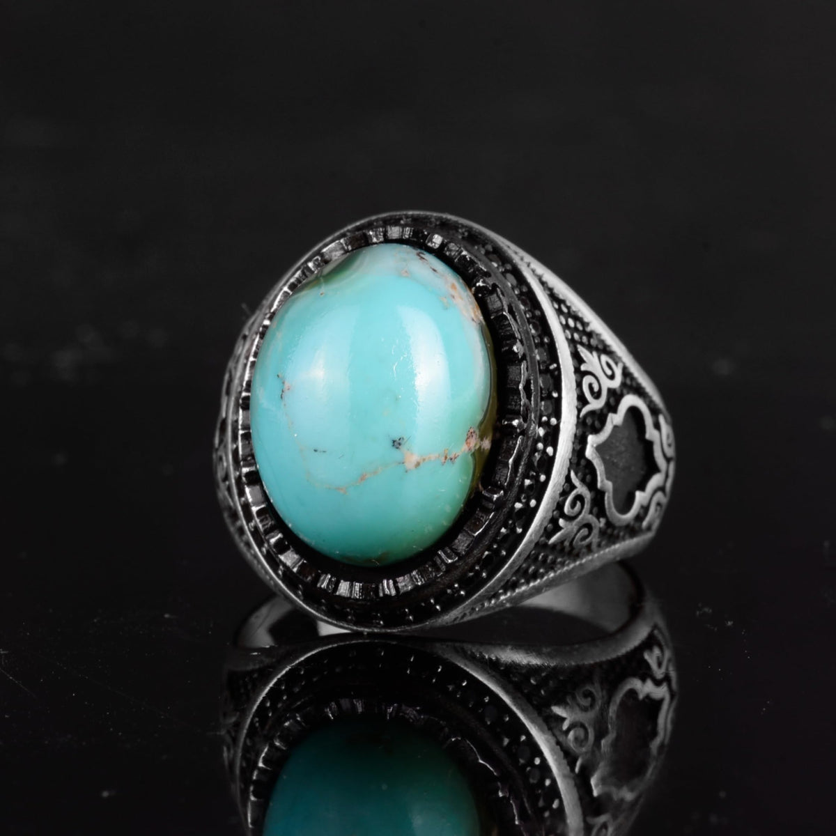 KAMBO Natural Turquoise Stone 925 Sterling Silver Men's Ring - Seljuk Figure Pattern Vintage Statement Jewelry (Style-1) — 6