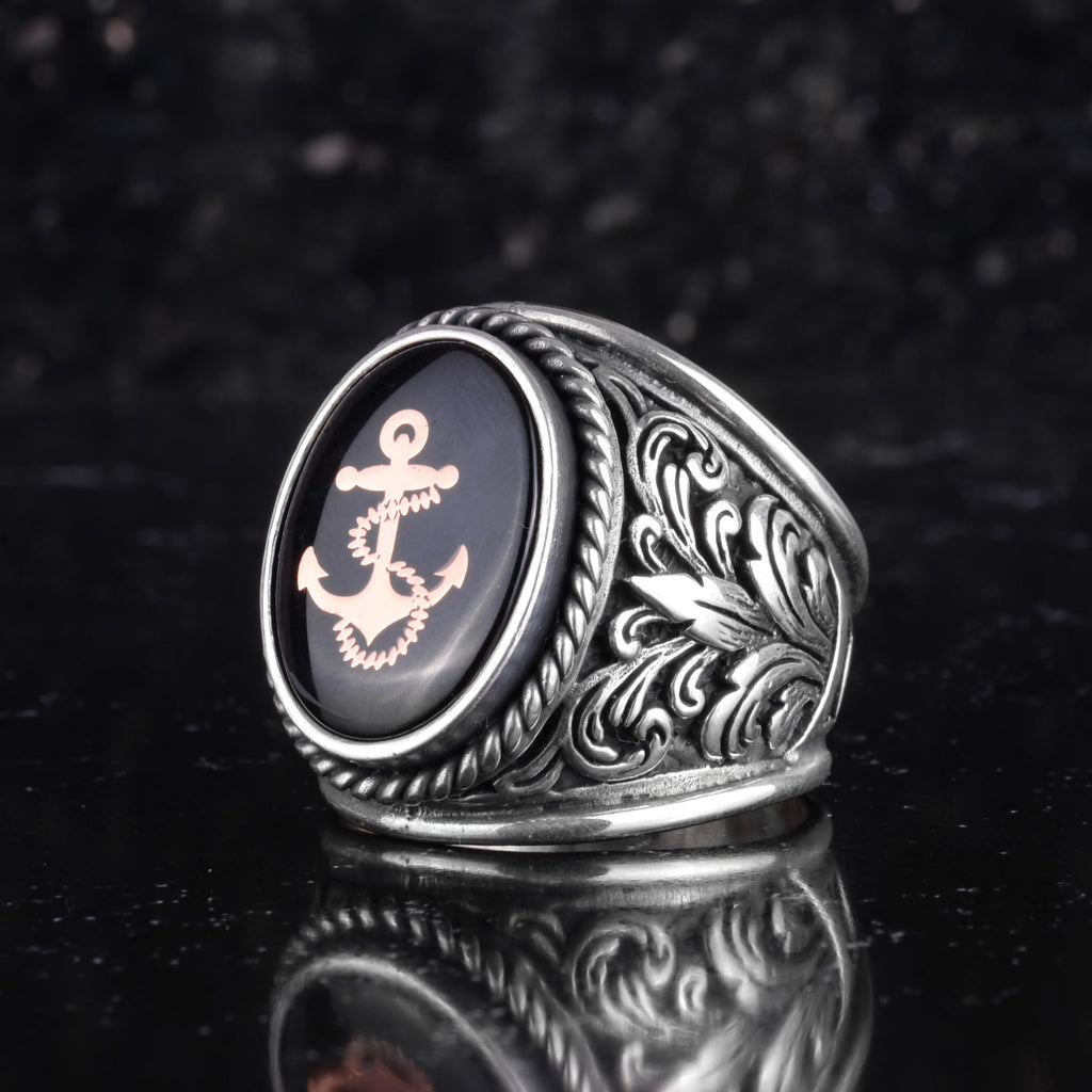 KAMBO Anchor Symbol Men's Ring – Nautical Anchor Engraved 925 Sterling Silver Oval Seal Ring – Sailor Marine Style Statement Jewelry — 5
