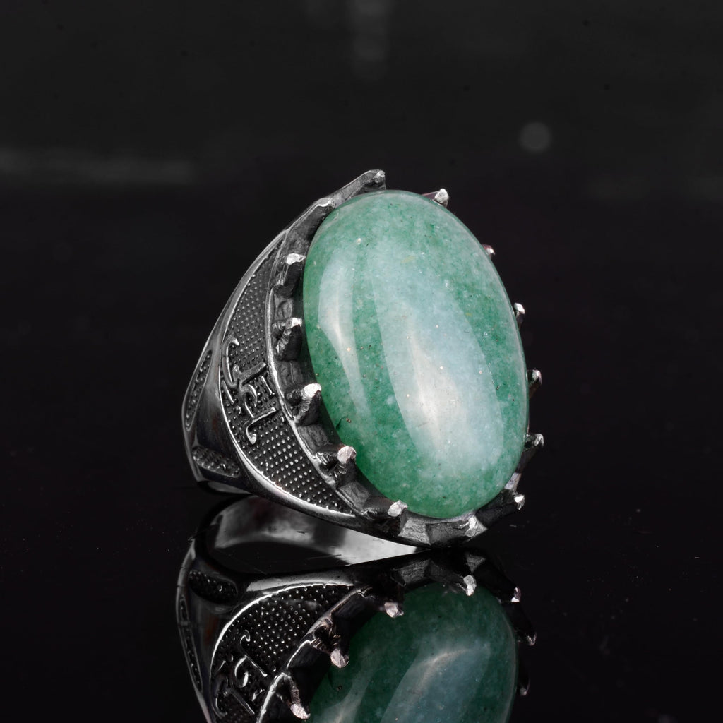 KAMBO Natural Stone Men's Large Ring – 925 Sterling Silver Ottoman Sword Motif Signet Ring (Amazonite) — 6