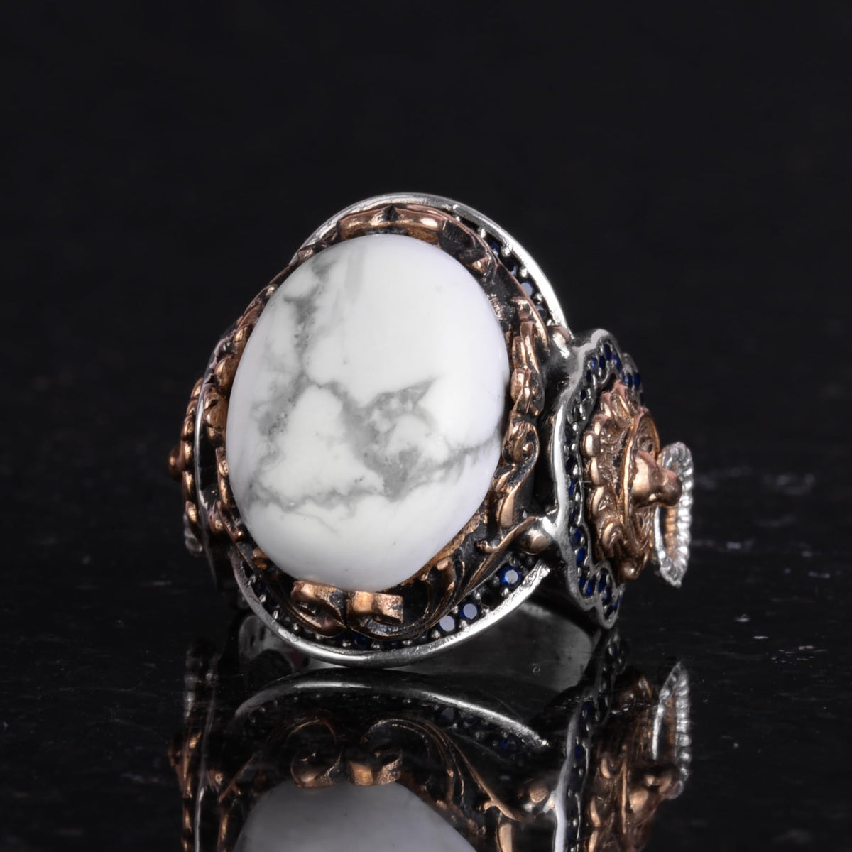 Lion Ring - Handmade Howlite Stone Ring - 925 Sterling Silver Men's Ring — 5