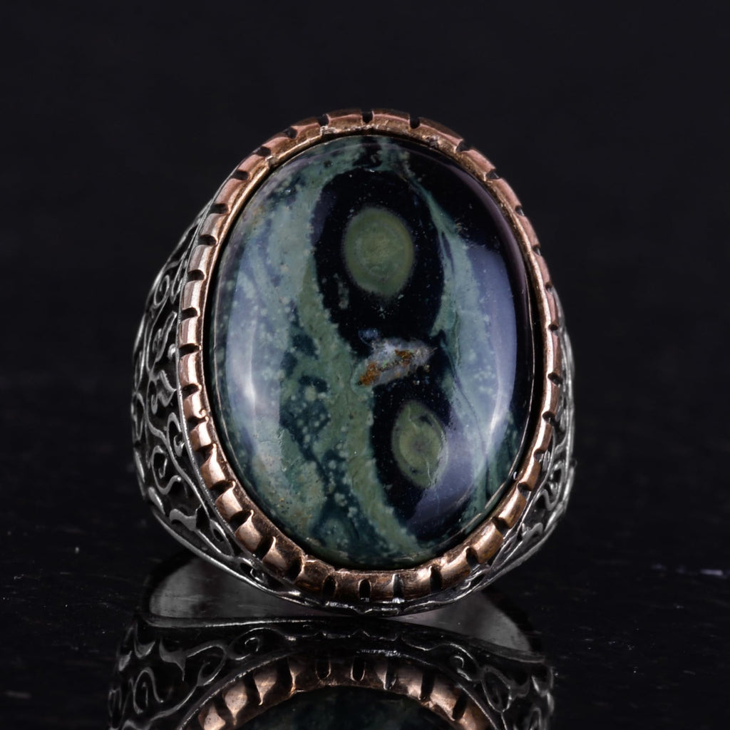 Natural Green Eye Stone Ring, 925 Sterling Silver Men's Ring — 4