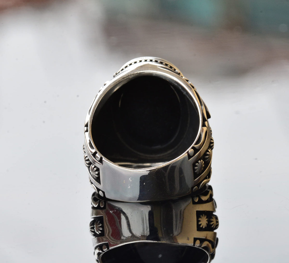 925 Sterling Silver Men's Ring, Natural Black Onyx Stone, Intricate Ethnic Design, Handmade Silver Ring — 5
