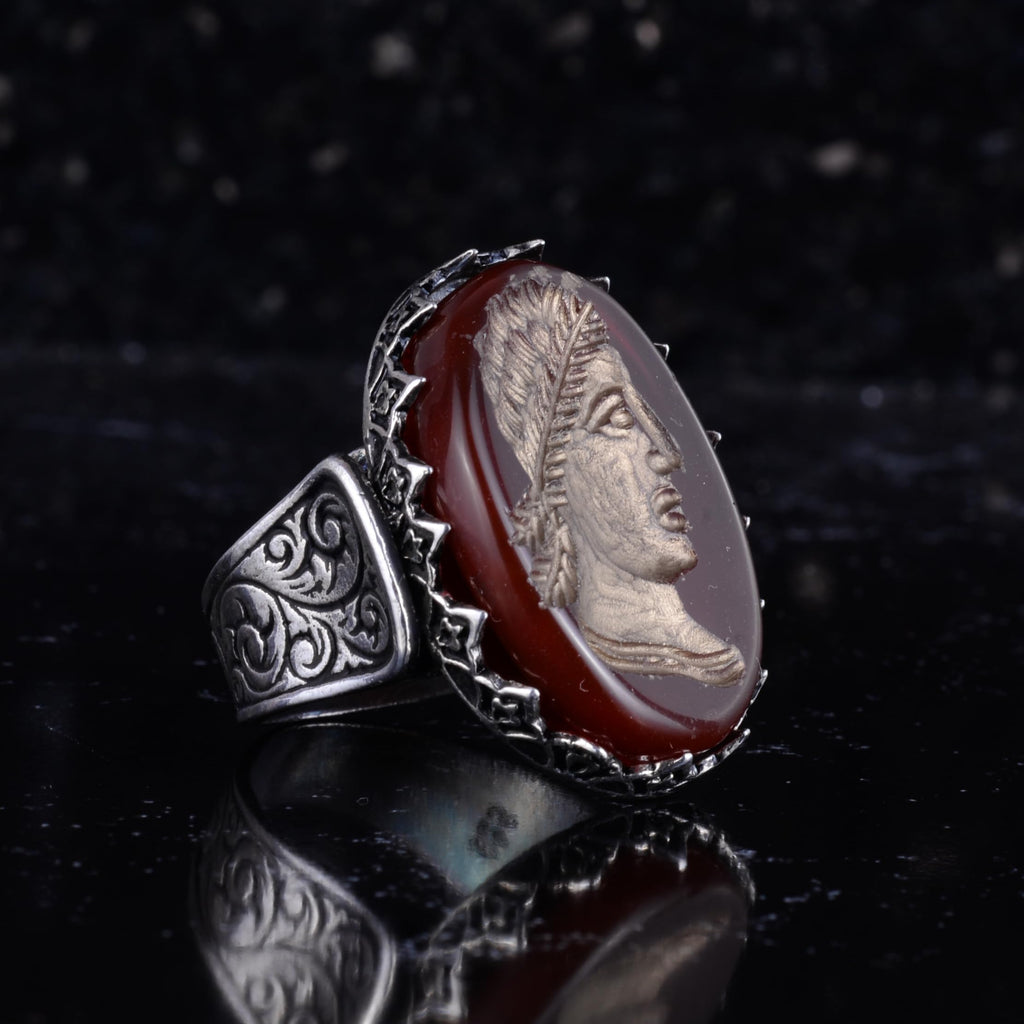 KAMBO Natural Agate Roman Emperor Cameo Large Men's Ring 925 Sterling Silver Caesar Profile Intaglio Vintage Statement Ring — 6