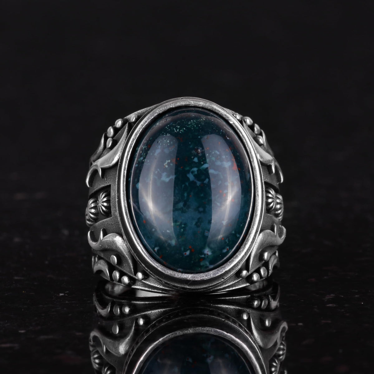 Natural Green Bloodstone Ring, 925 Sterling Silver Ring, Designer Silver Men's Ring — 4