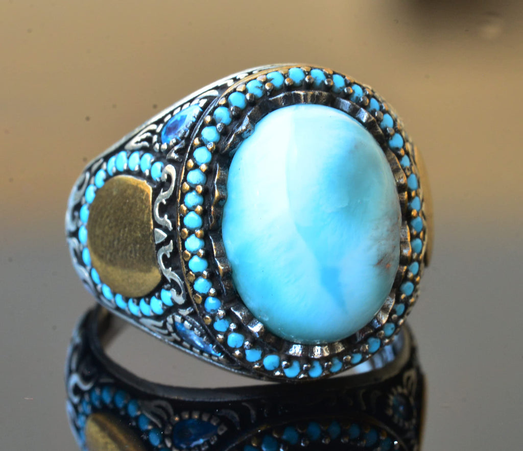 Natural Larimar Stone Handmade Ring - Silver Men's Ring, Silver Accessory — 3