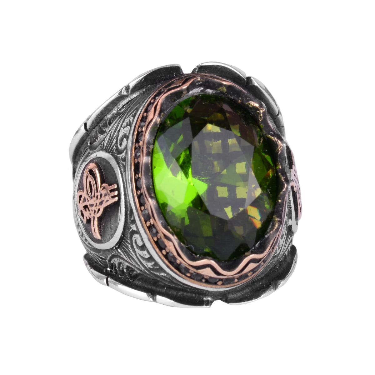 925 Sterling Silver Ring, Ottoman Tughra Artificial Emerald Stone Ring