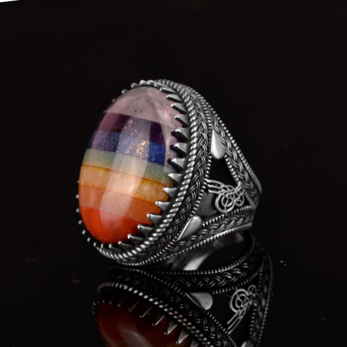 925 Sterling Silver Men's Ring, 7 Chakra Natural Stone Ring, Rainbow Ring, Tugra Ring — 5