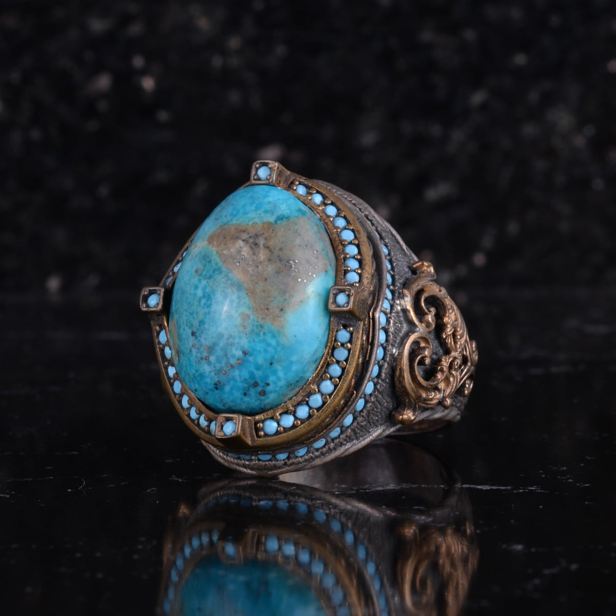 KAMBO Natural Turquoise Stone 925 Sterling Silver Men's Ring Handmade Vintage Ottoman Style Statement Ring Thick Blue Stone Jewelry for Men — 5