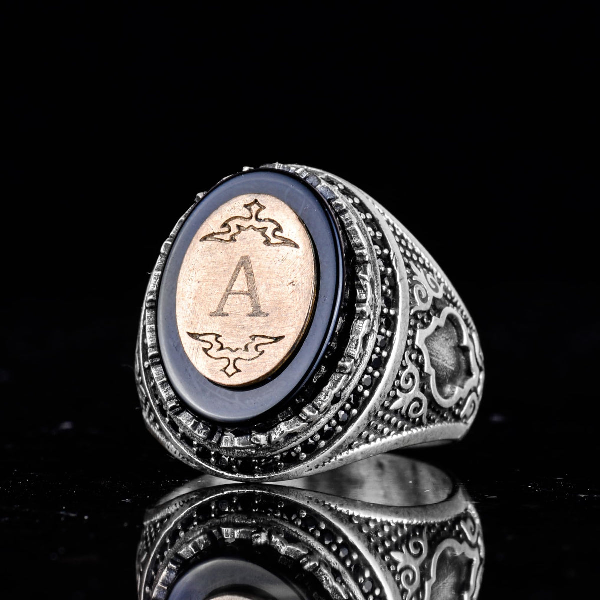 Customizable Monogram Onyx Stone Ring - 925 Sterling Silver — 5