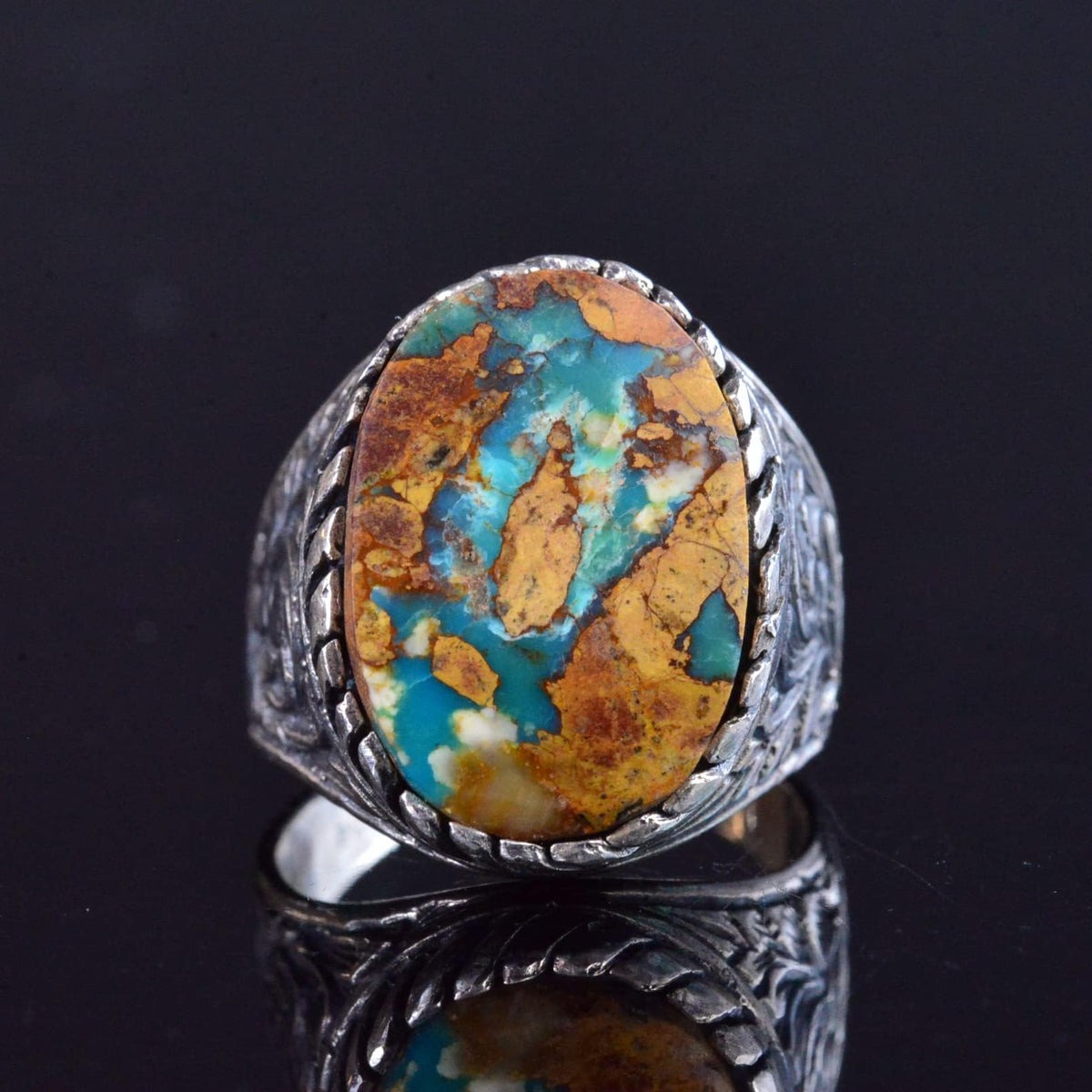 Kambo Genuine Natural Turquoise Stone Ring - 925 Sterling Silver Handmade Men's Jewelry — 6