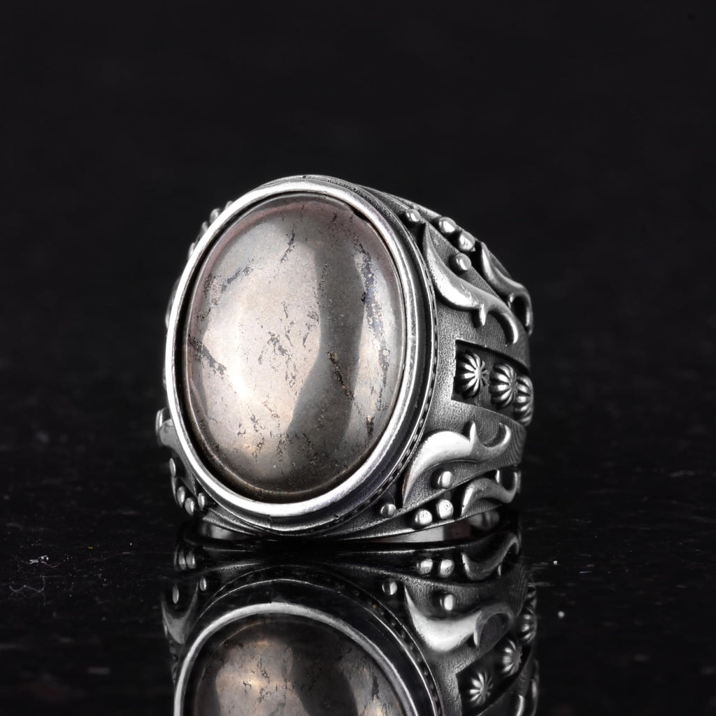 925 Sterling Silver Men's Ring - Natural Pyrite Stone Ring — 5