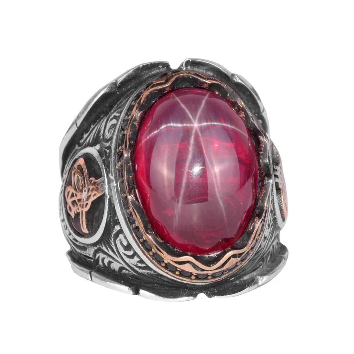 925 Sterling Silver Men's Ring, Handmade Natural Star Ruby Stone Ring, Ottoman Tugra Silver Ring
