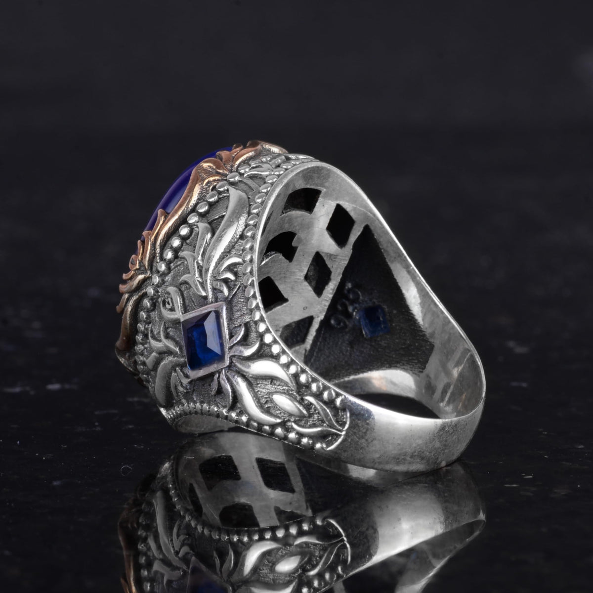 Kambo Synthetic Stone Ring - Unique Handmade Men's Ring, 925 Sterling Silver (Synthetic Blue Paraiba) — 7