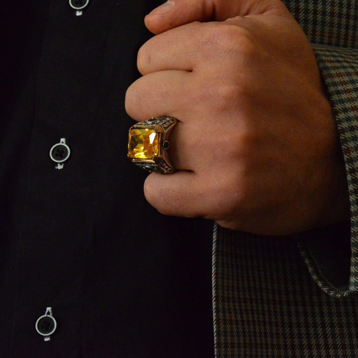 925 Sterling Silver Men's Ring with Natural Citrine Stone, Men's Ring with Citrine Stone, Handcrafted Carved Men's Silver Ring, Turkish Silver — 3