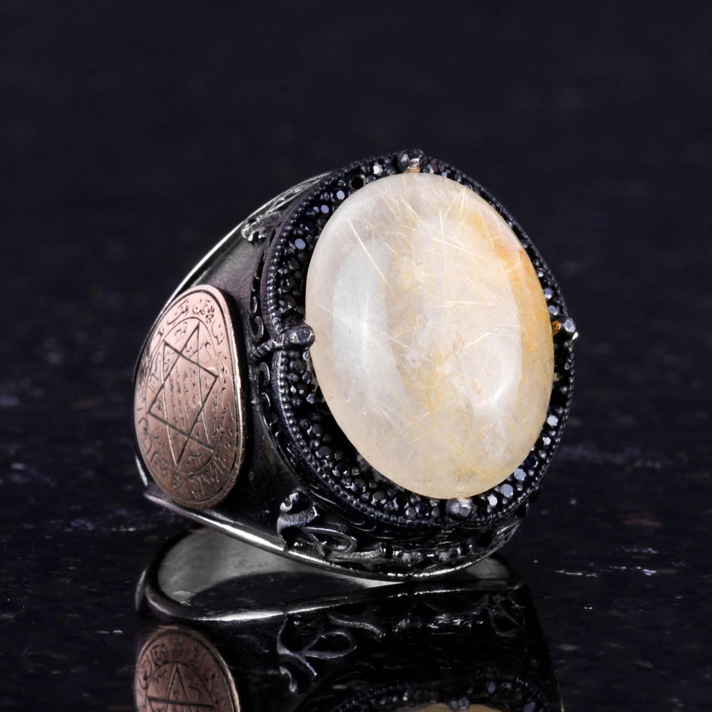 David Star Ring - Natural Cabochon Golden Rutilated Quartz Stone Ring — 5