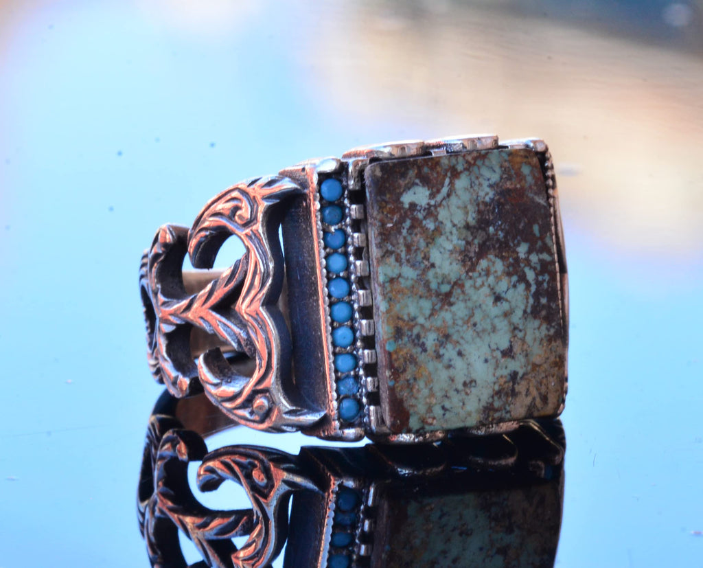 Natural Arizona Turquoise Stone Adjustable Silver Men's Ring — 3