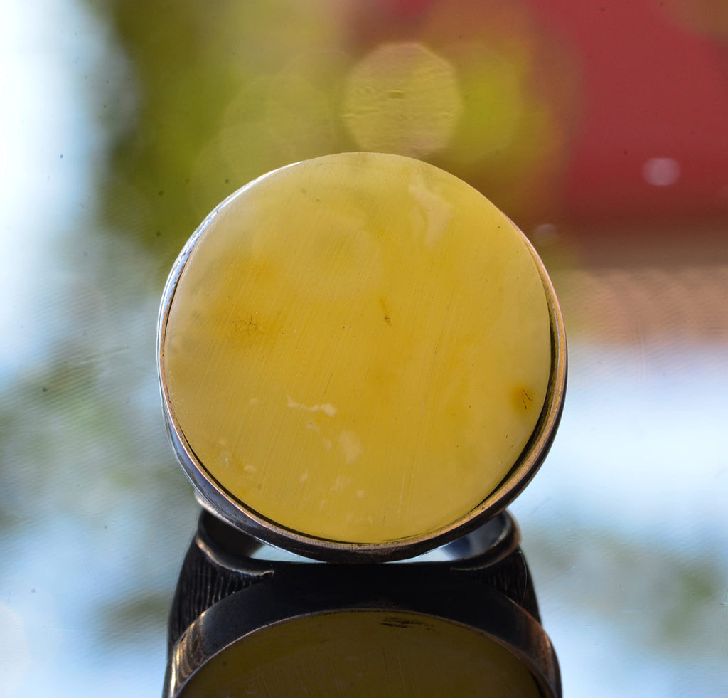 Natural Amber Large Round Stone Ring, 925 Sterling Silver Men's Ring — 9