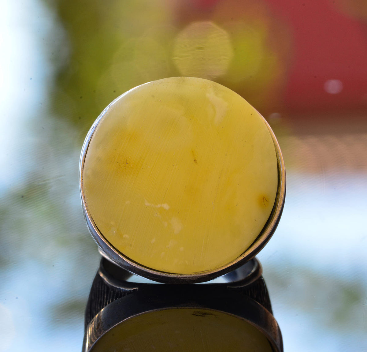 Natural Amber Large Round Stone Ring, 925 Sterling Silver Men's Ring — 9