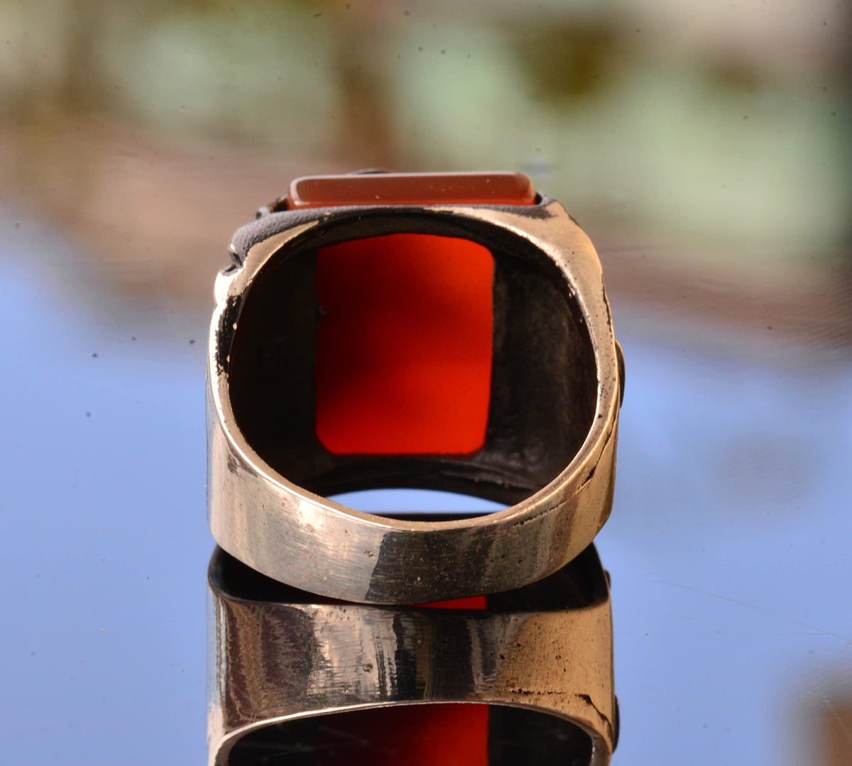 Natural Red Agate Stone Lion Head Ring - Silver Men's Ring — 8