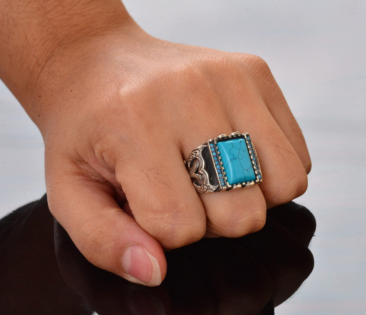 Handmade Vintage Turquoise Ring - 925 Sterling Silver, Stylish Ornate Design, Durable, Distinctive Jewelry, Perfect Fit — 7