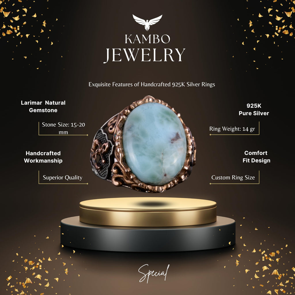Larimar Stone Silver Ring - Peaceful 925 Sterling Silver Men's Ring - Ocean Calm Design — 2