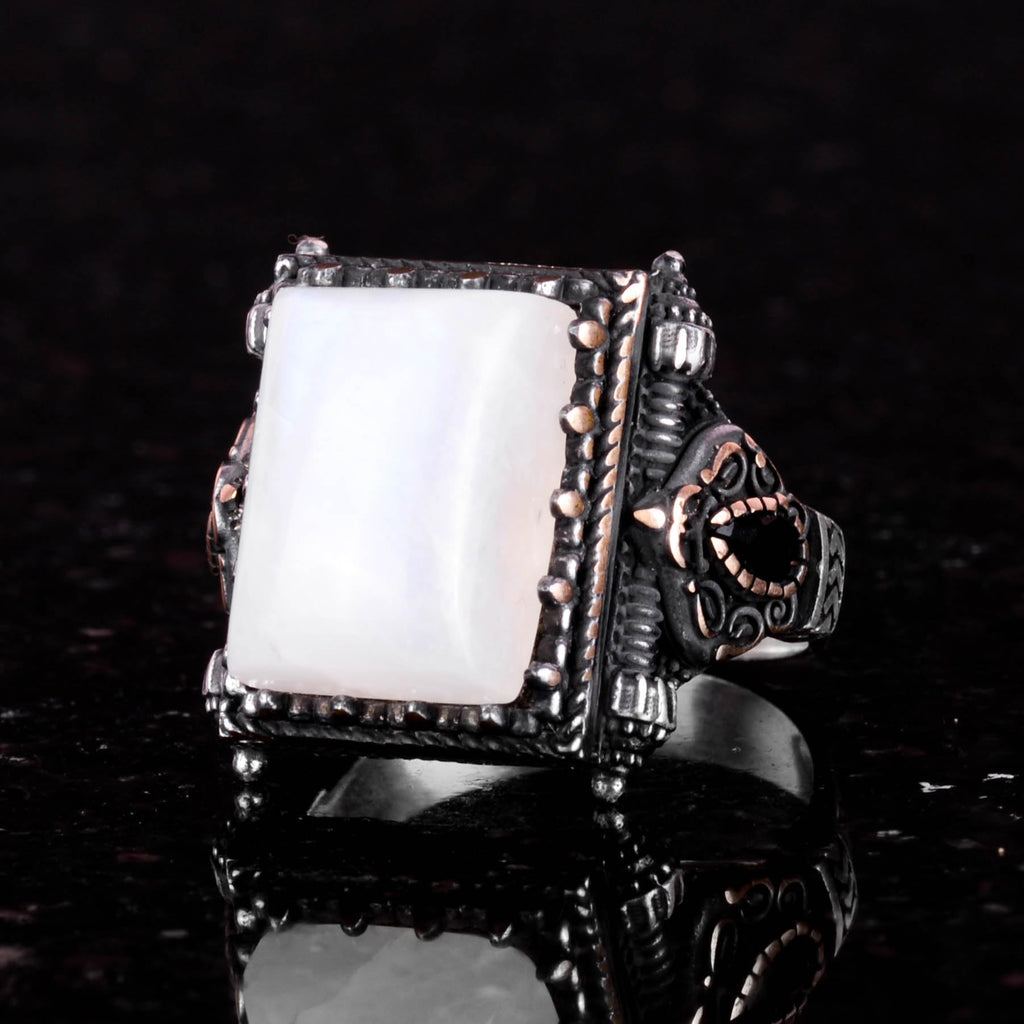KAMBO Genuine Real Natural Stone Ring - 925K Moonstone Solid Silver Men's Ring - Modern Design — 5