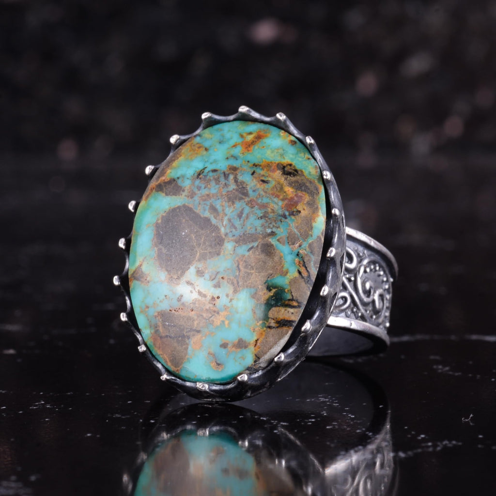 KAMBO Natural Arizona Turquoise Stone Large Men's Ring 925 Sterling Silver Crown Frame Oval Cabochon Ottoman Pattern Handmade Statement Ring (Turquoise-) — 5