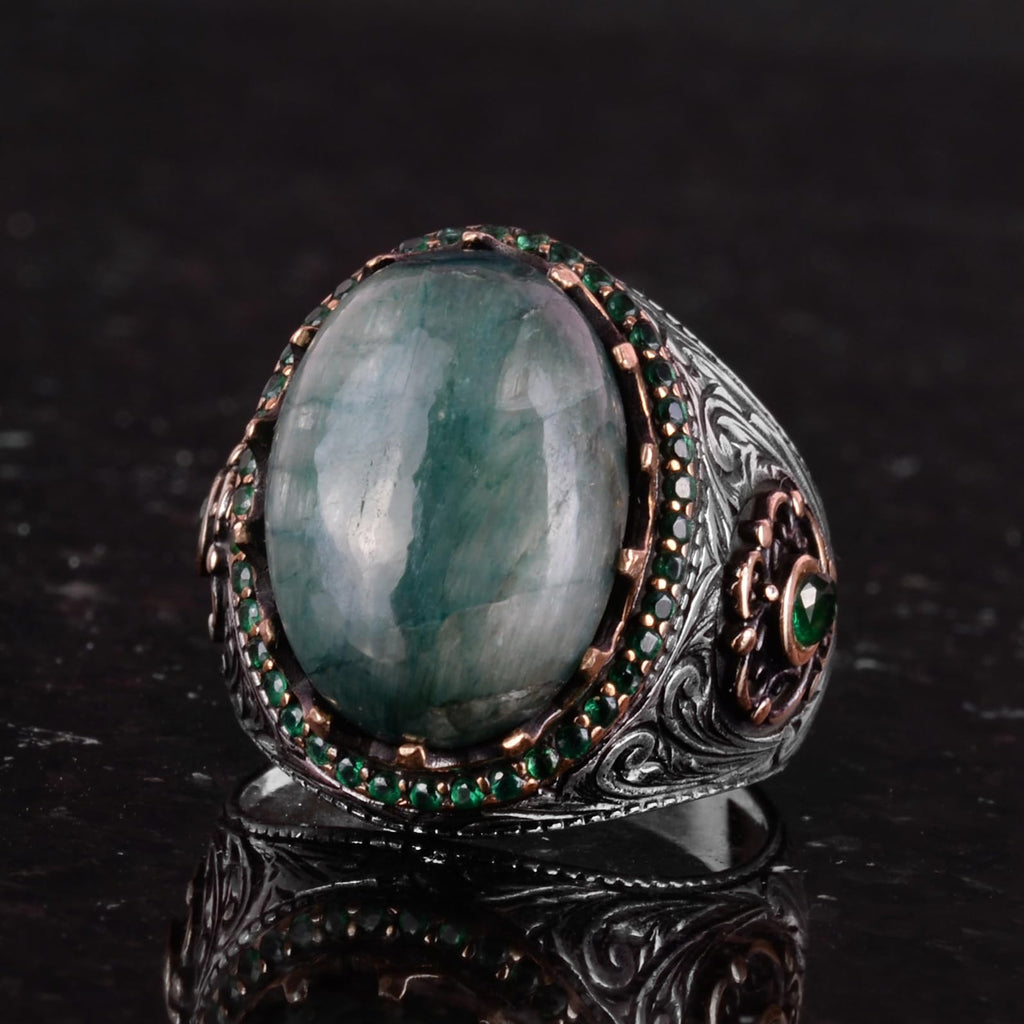 Synthetic Stone Ring - 925 Sterling Silver Handmade Ring - Synthetic Cabochon Emerald Ring — 6