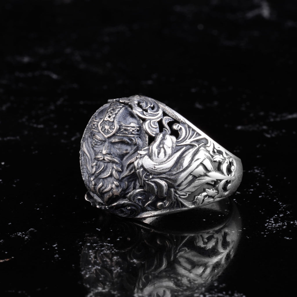 KAMBO Symbol Ring for Men 925 Sterling Silver - Viking Warrior Seal Ring for Men - Flower Engraved Men's Jewelry - Scandinavian Warrior Statement Ring — 3