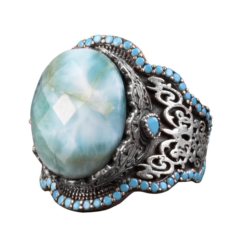 Handmade 925 Sterling Silver Men's Ring - Natural Stone Design (Larimar)