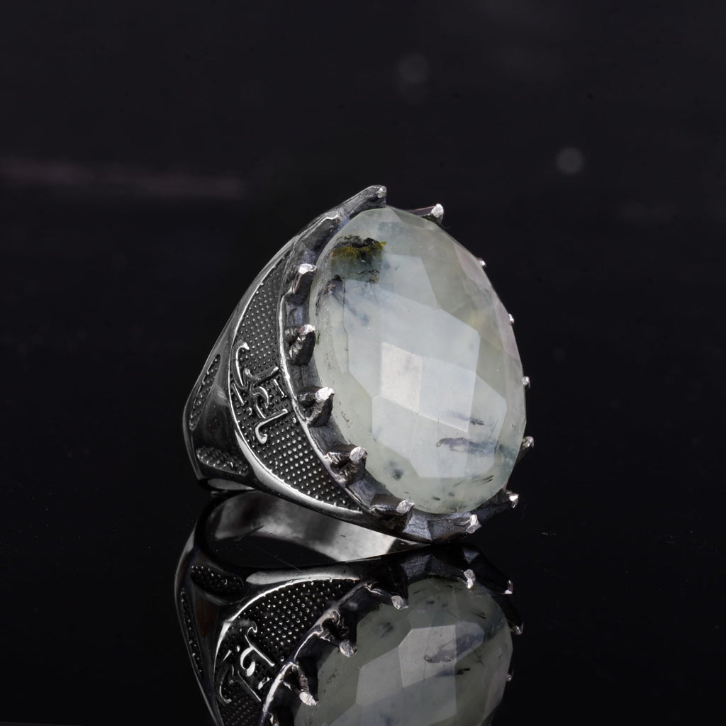 KAMBO Natural Stone Men's Large Ring – 925 Sterling Silver Ottoman Sword Motif Signet Ring (Prehnite) — 6