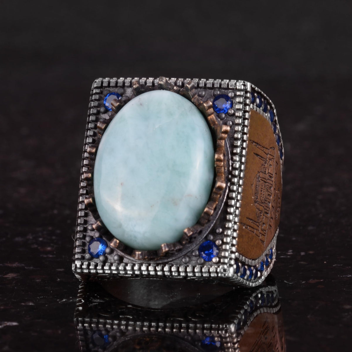 Natural Larimar Stone Ring - 925 Sterling Silver Islamic Ring - Handcrafted Calligraphy Ring — 6
