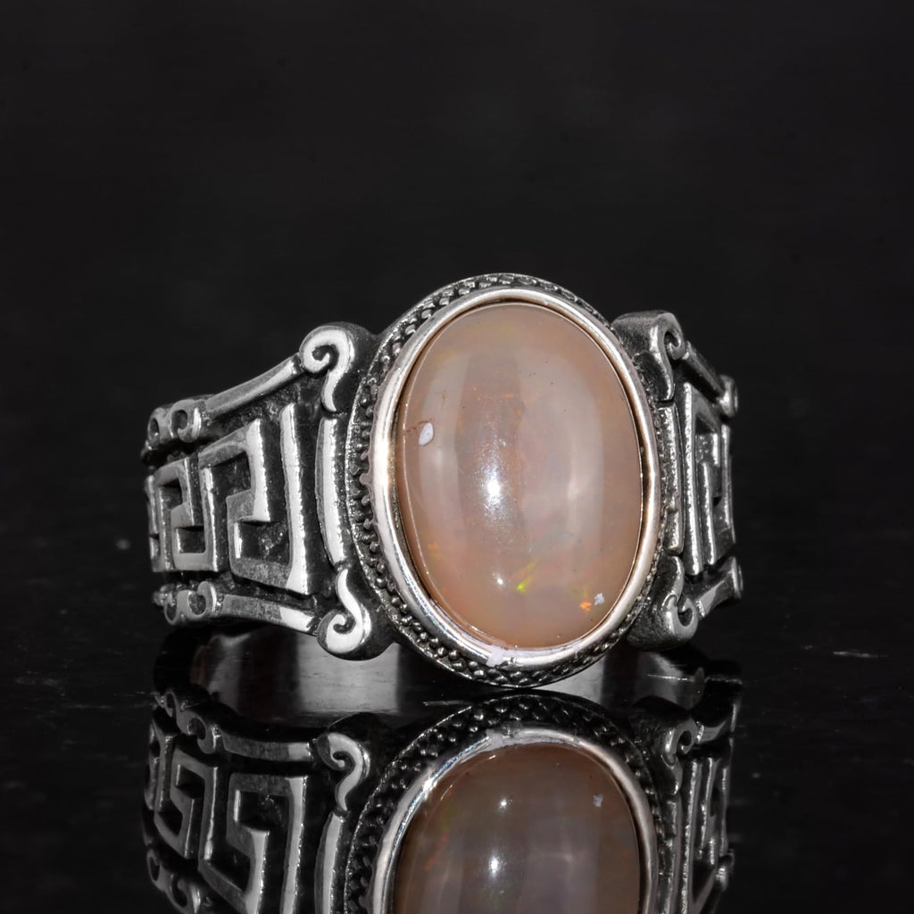 Handmade 925 Sterling Silver Men's Ring with Natural Ethiopian Opal Stone - Labyrinth Design — 6