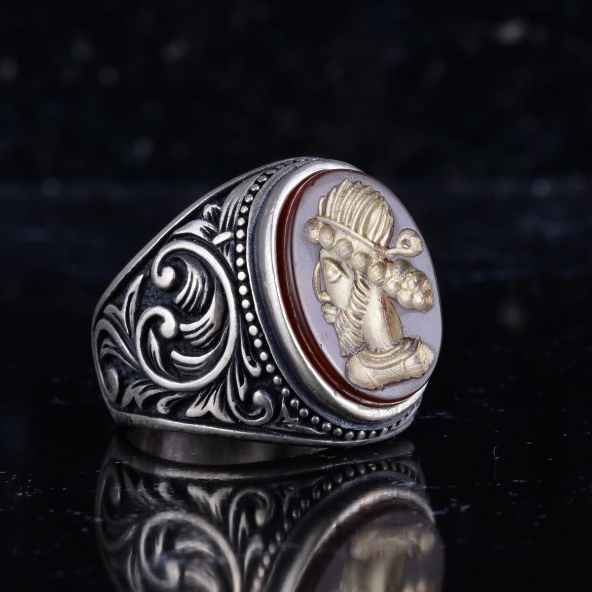 KAMBO Natural Agate Ottoman Sultan Cameo Men's Ring 925 Sterling Silver Vintage Red Stone Hand-Carved Shape Statement Ring — 6
