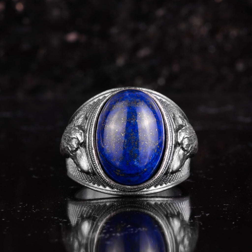 KAMBO Natural Stone Men's Ring – 925 Sterling Silver Ring – Wolf Head Expression – Vintage Men's Jewelry (Lapis Lazuli) — 4