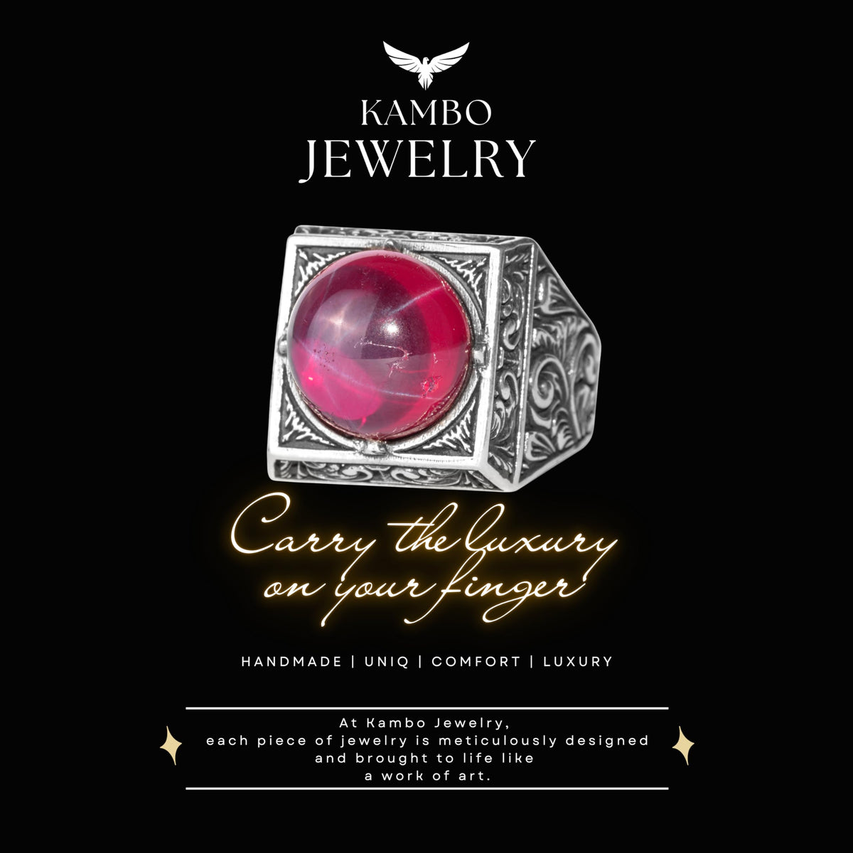 KAMBO Natural Round Stone Square Men's Ring 925 Sterling Silver – Ottoman Pattern Handmade Stone Ring (Star Ruby) — 8