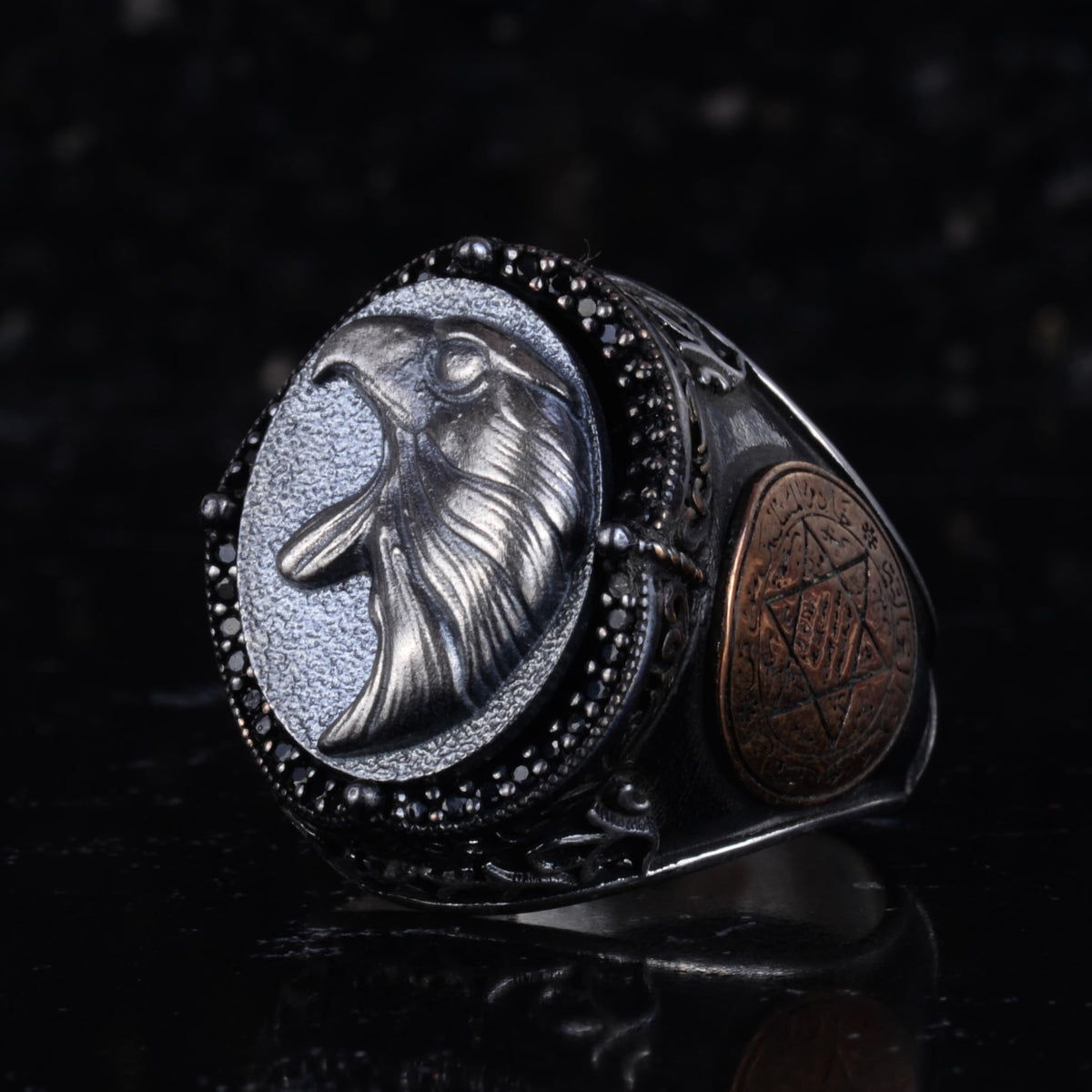 KAMBO Large Men's 925 Sterling Silver Ring – Bronze Star of David Detail – Symbolic Descriptive Ring (Eagle Head) — 5